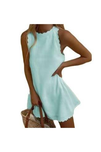 Sommer Minikleid Damen in Hellblau, ärmelloses A-Linien Kleid mit Muschelkanten, elegantes Strandkleid für Urlaub, Freizeit und heiße Tage