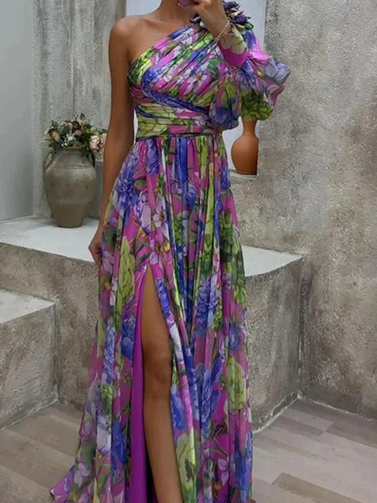 Lilac - Lila Druck Seite Schlitz ein Ärmel Sexy Maxikleid