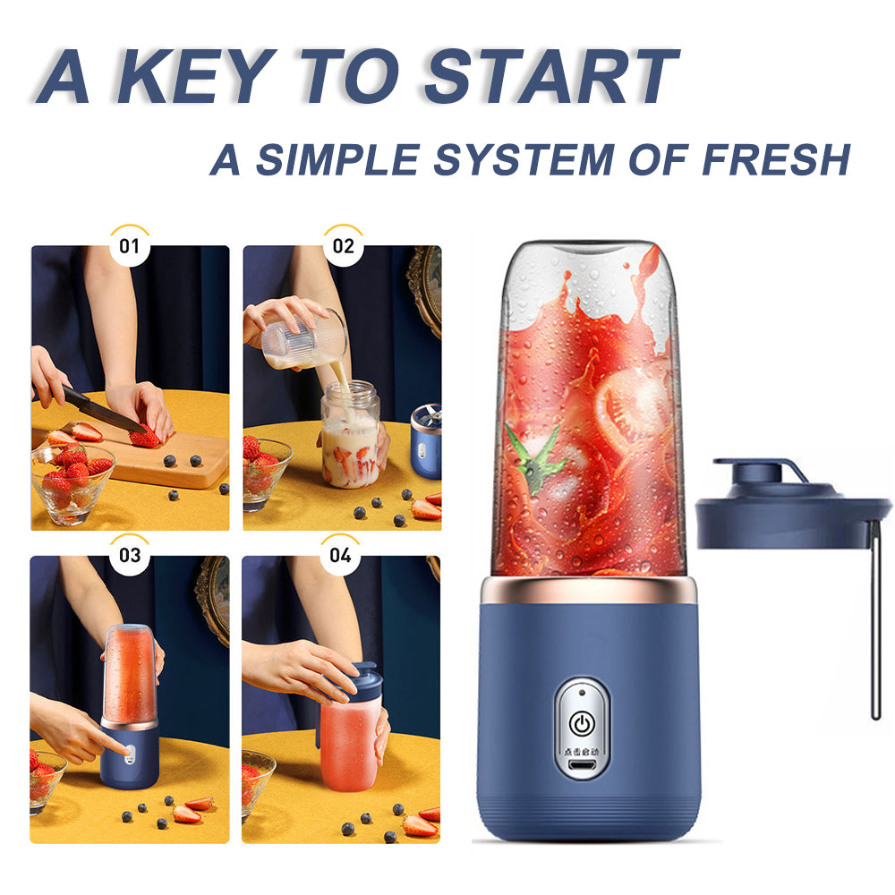 Elektrischer Smoothie-Mixer mit tragbarem Trinkbecher, gefüllt mit frischem Orangensaft, auf dunklem Hintergrund