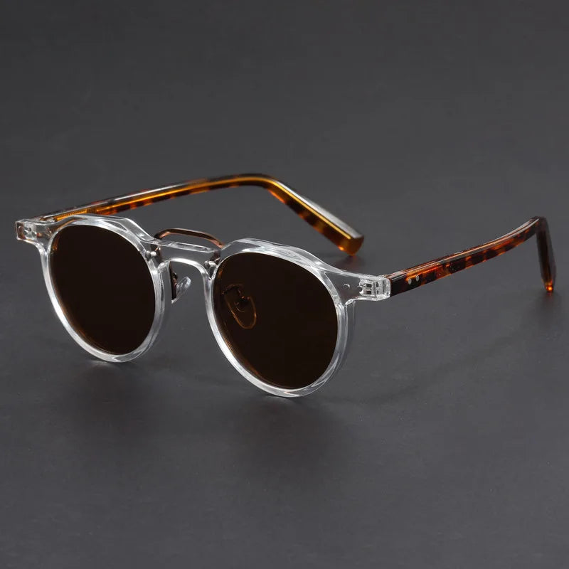 Runde Sonnenbrille mit transparentem Rahmen und braunen Gläsern, Retro Unisex Sonnenbrille mit Leopardenmuster Bügeln für Sommer und Freizeit