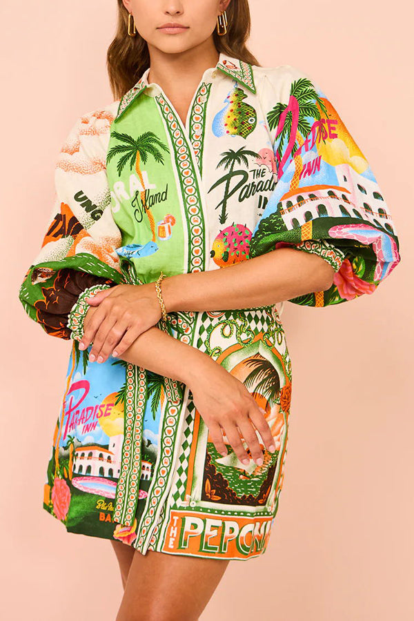 SirenaPop™ | Sommer Leinenkleid mit Gürtel & Print
