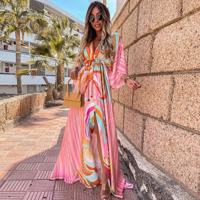 Boho Maxikleid Damen bunt gemustert mit V-Ausschnitt und langen Ärmeln Sommerkleid