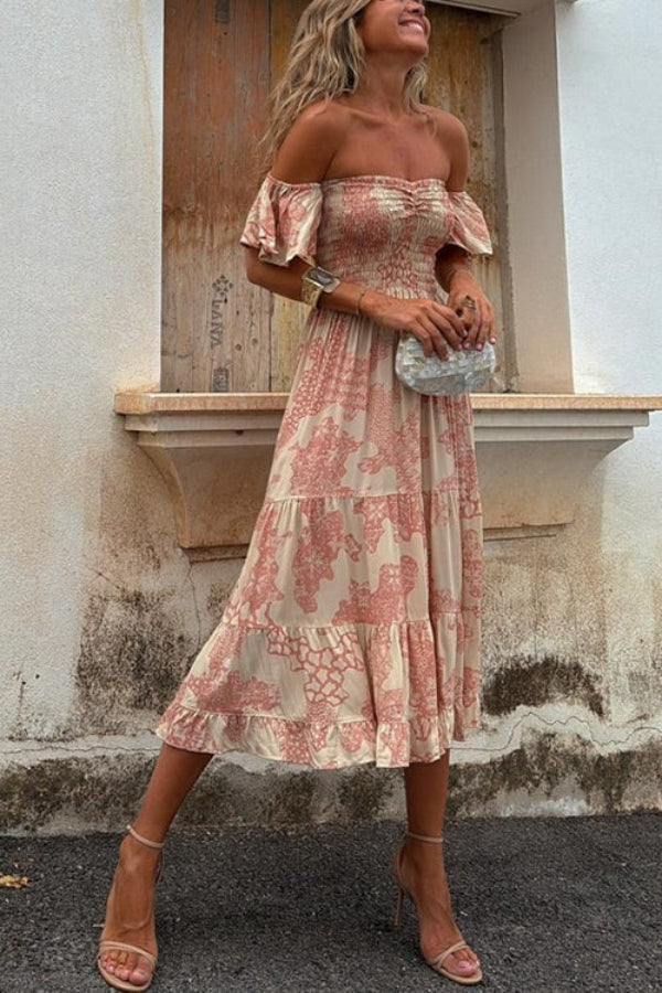 50% RABATT | Ruffelle™ | Off-Shoulder Print Midi Kleid mit Smok & Lagenlook