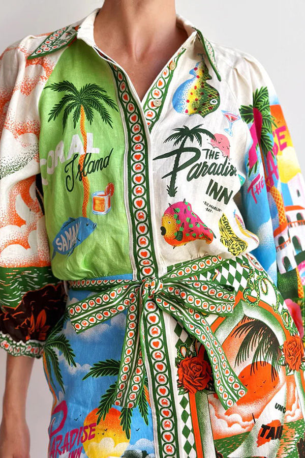 SirenaPop™ | Sommer Leinenkleid mit Gürtel & Print