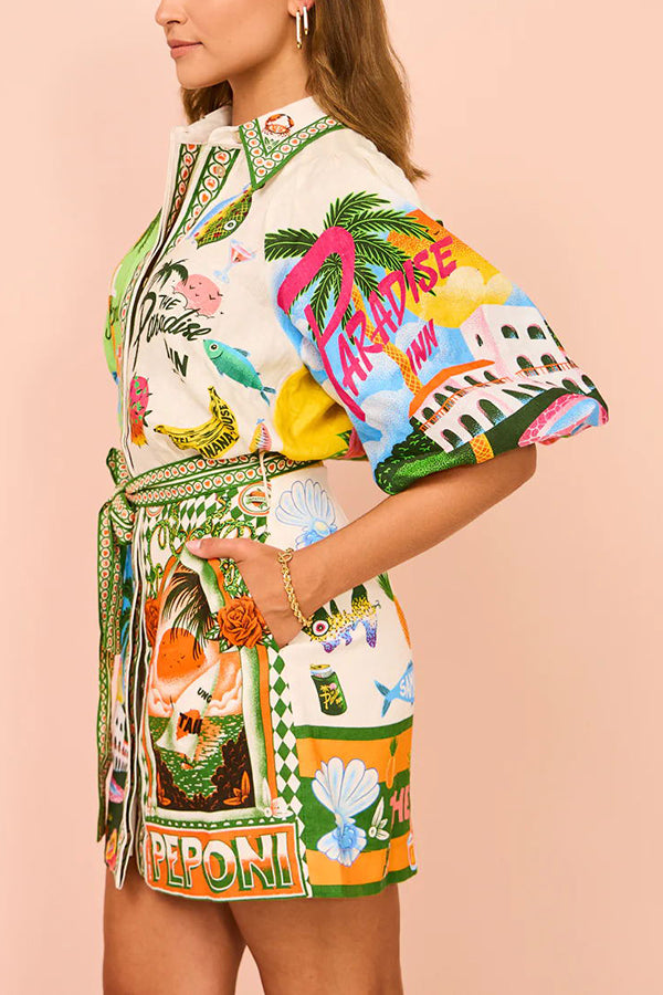 SirenaPop™ | Sommer Leinenkleid mit Gürtel & Print