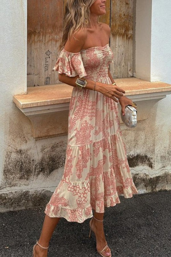 50% RABATT | Ruffelle™ | Off-Shoulder Print Midi Kleid mit Smok & Lagenlook