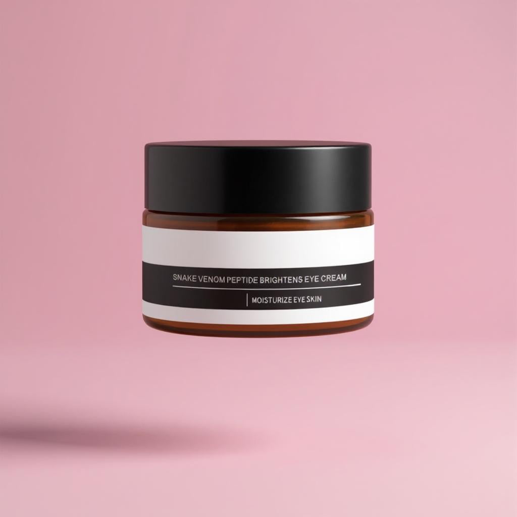 Braunes Glasgefäß mit schwarzem Deckel und Etikett, beschriftet mit 'Snake Venom Peptide Brightens Eye Cream – Moisturize Eye Skin', vor rosa Hintergrund schwebend dargestellt.