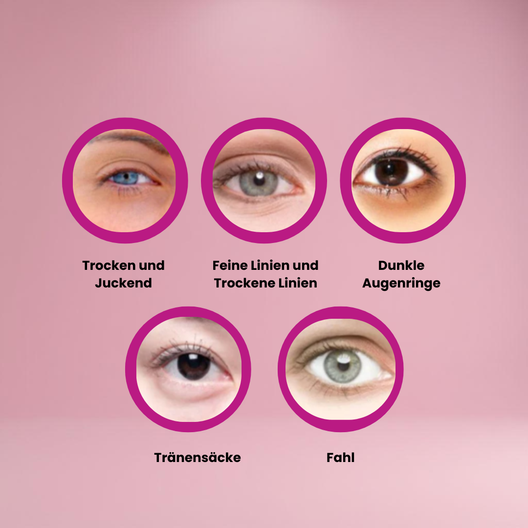 Braunes Glasgefäß mit schwarzem Deckel und Etikett, beschriftet mit 'Snake Venom Peptide Brightens Eye Cream – Moisturize Eye Skin', vor rosa Hintergrund schwebend dargestellt.