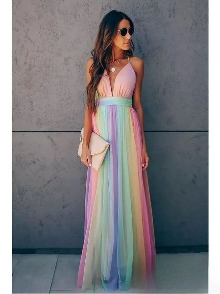 Langes Sommerkleid für Damen in Regenbogenfarben mit tiefem V-Ausschnitt und Spaghettiträgern – elegantes Maxikleid für Strand, Party oder Hochzeit