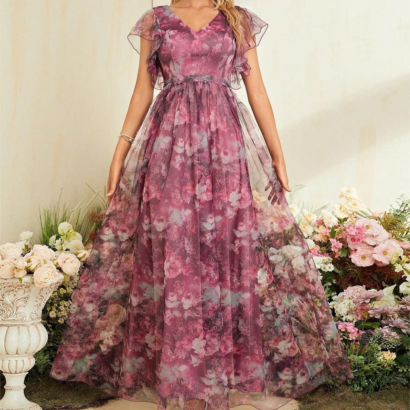 Aureflor™ | Leichtes Damen-Maxikleid aus bedruckter Seidenmousseline