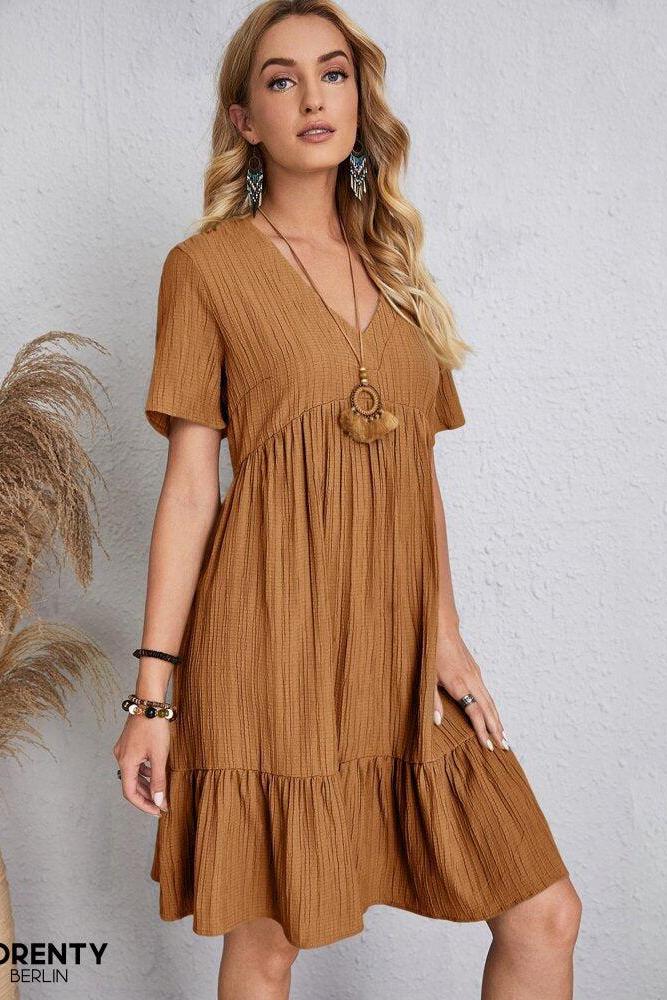Avalynn™ - Damen Plissee Rüsche solide Kleider Casual V-Ausschnitt