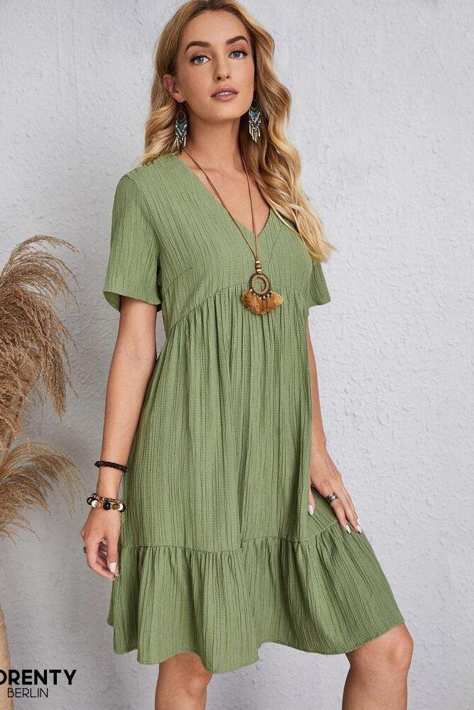 Avalynn™ - Damen Plissee Rüsche solide Kleider Casual V-Ausschnitt