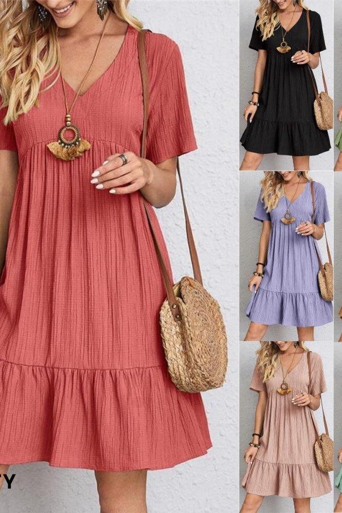 Avalynn™ - Damen Plissee Rüsche solide Kleider Casual V-Ausschnitt