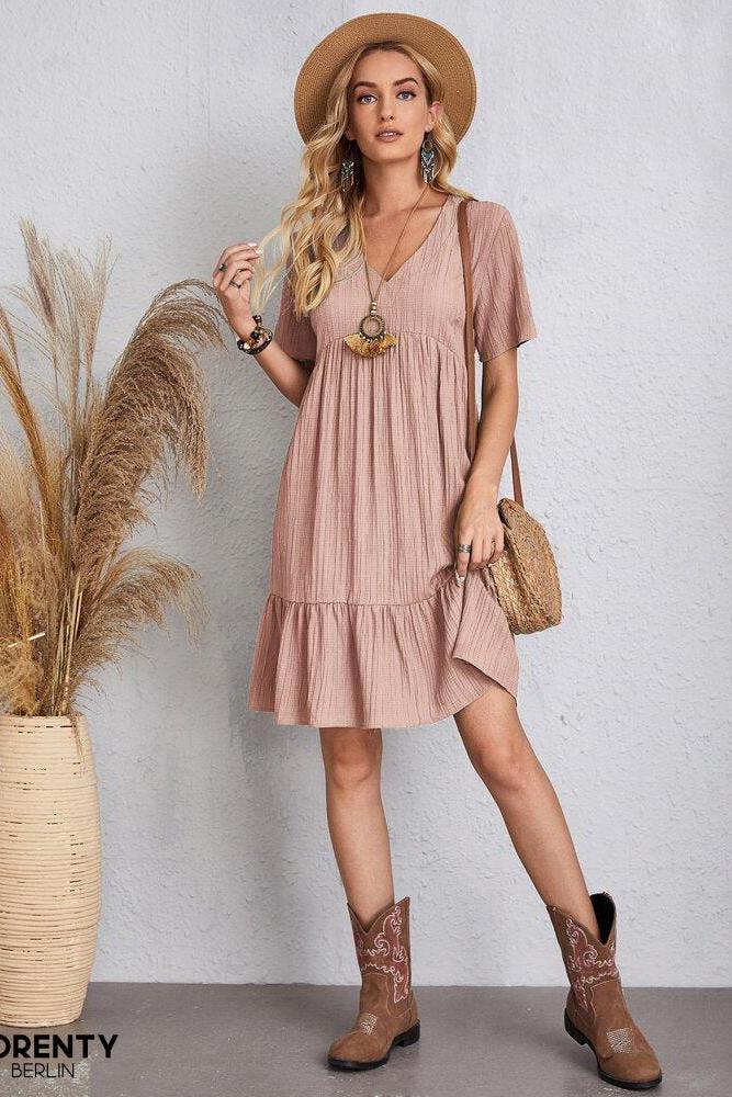 Avalynn™ - Damen Plissee Rüsche solide Kleider Casual V-Ausschnitt