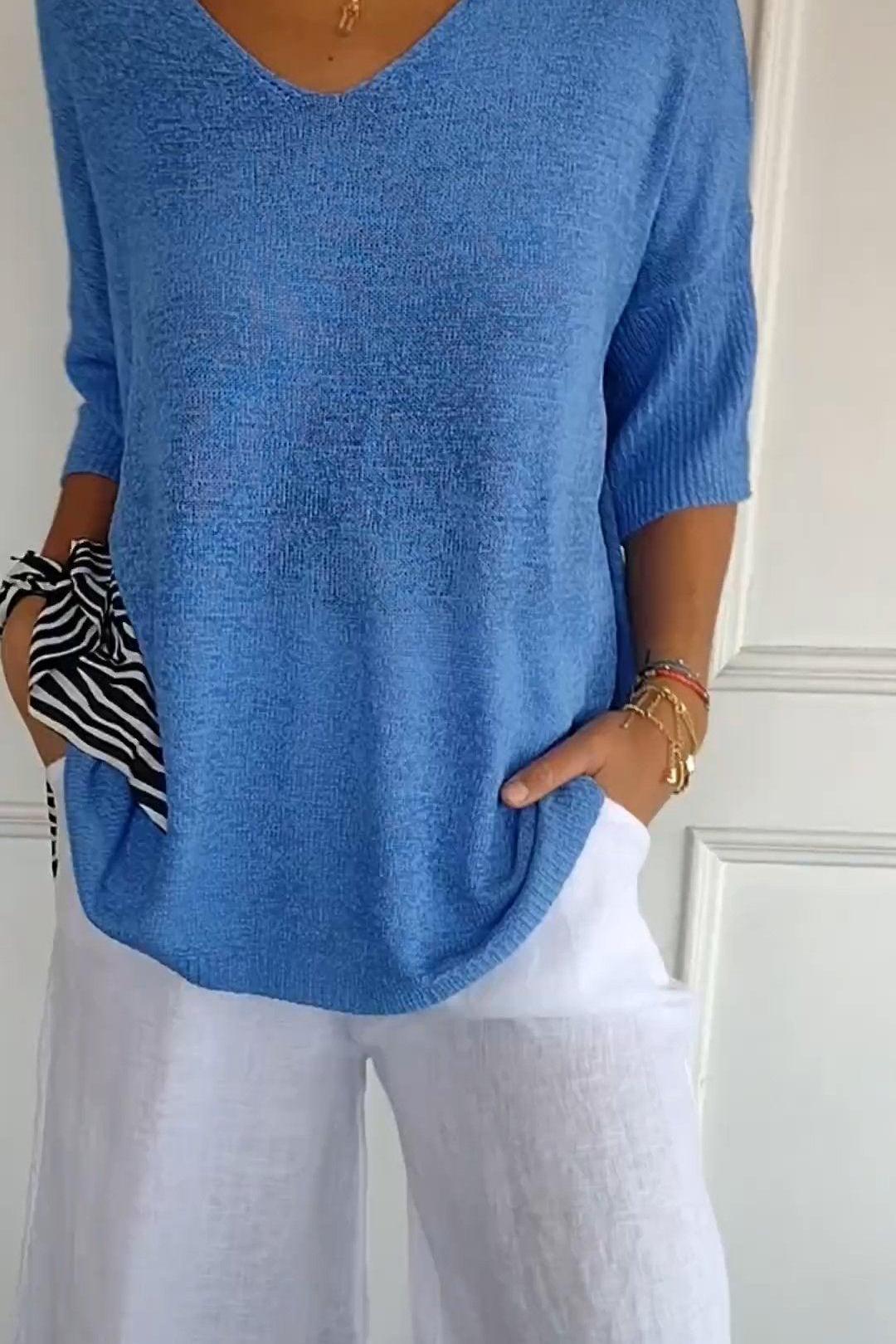 50% RABATT | KnitMuse™ | Unifarbenes gestricktes Top mit V-Ausschnitt