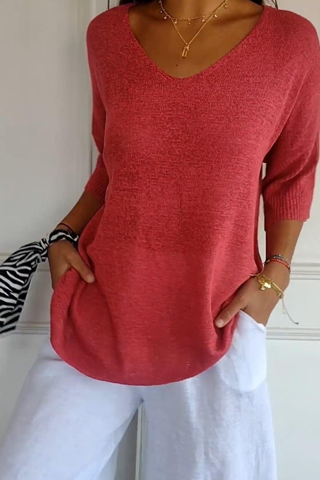 50% RABATT | KnitMuse™ | Unifarbenes gestricktes Top mit V-Ausschnitt