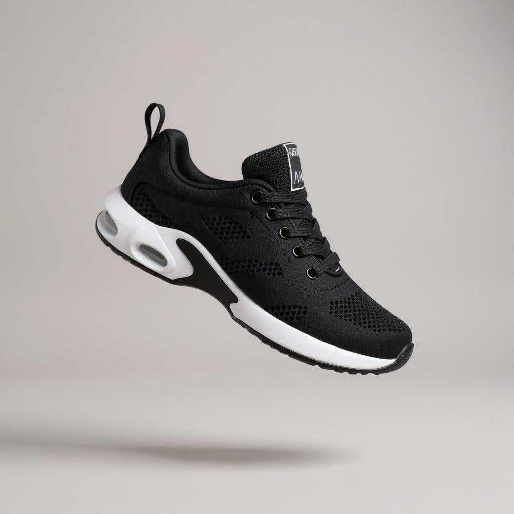 Roter Sportschuh mit atmungsaktivem Mesh-Obermaterial, weißer Sohle und sichtbaren Luftpolster-Elementen, schwebend vor neutralem Hintergrund dargestellt.