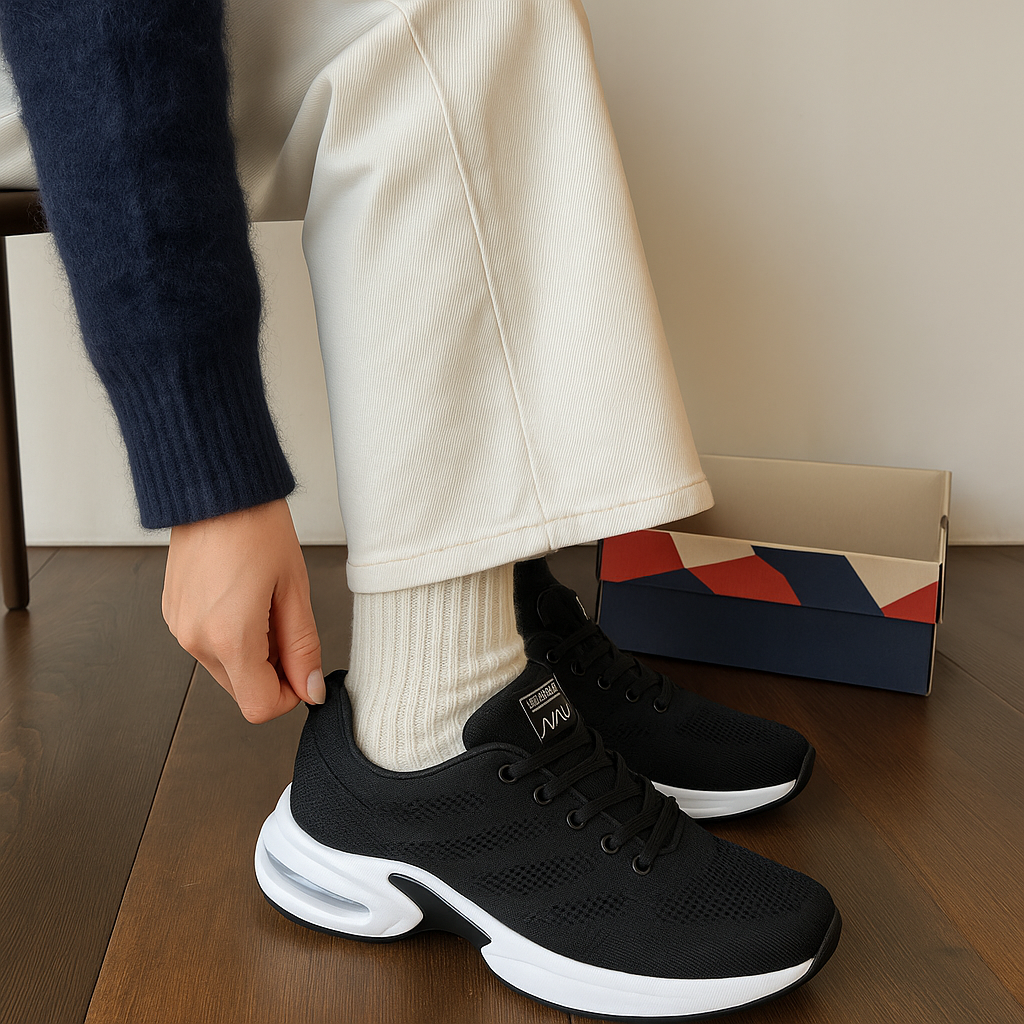 Roter Sportschuh mit atmungsaktivem Mesh-Obermaterial, weißer Sohle und sichtbaren Luftpolster-Elementen, schwebend vor neutralem Hintergrund dargestellt.