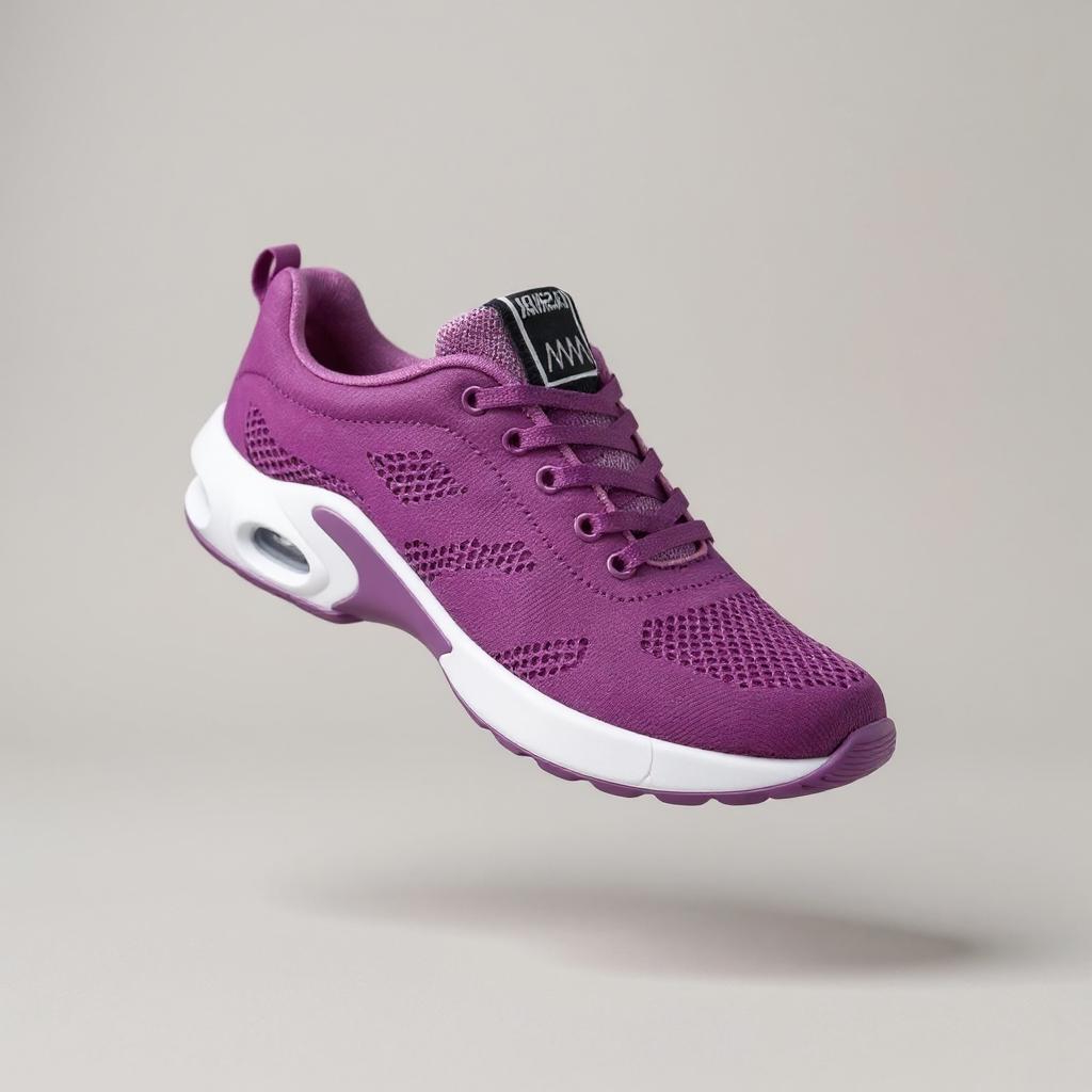 Roter Sportschuh mit atmungsaktivem Mesh-Obermaterial, weißer Sohle und sichtbaren Luftpolster-Elementen, schwebend vor neutralem Hintergrund dargestellt.