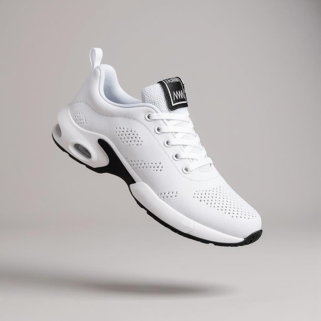 Roter Sportschuh mit atmungsaktivem Mesh-Obermaterial, weißer Sohle und sichtbaren Luftpolster-Elementen, schwebend vor neutralem Hintergrund dargestellt.