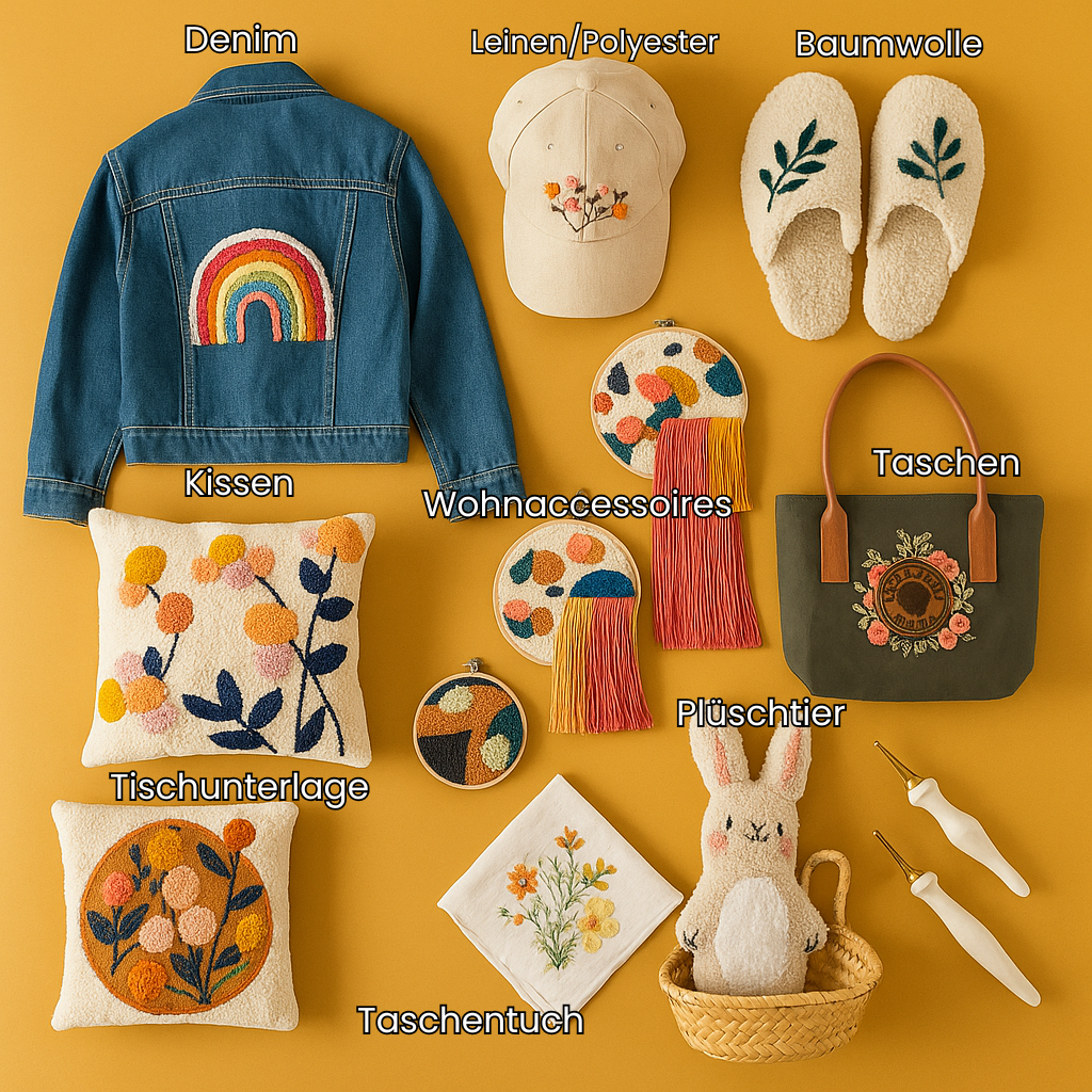 Stickset für Hobby und DIY – runder Stickrahmen mit bunter Blumenstickerei, Handarbeit mit Punch-Needle-Technik auf Leinenstoff