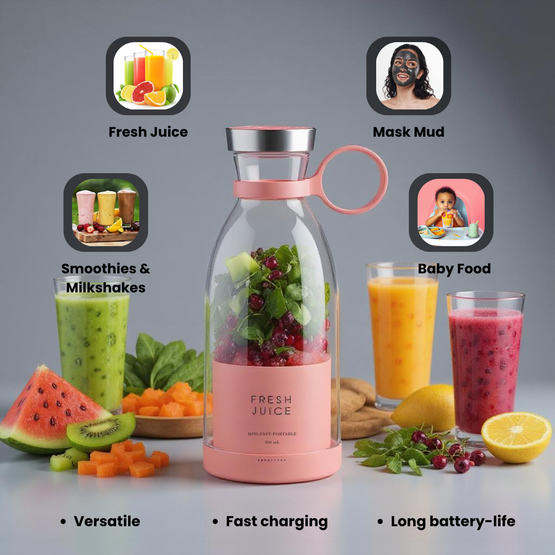 Vielseitige tragbare Fresh Juice Flasche in Rosa mit Edelstahl-Deckel, ideal für frische Säfte, Smoothies, Milchshakes, Babybrei und Gesichtsmasken – schnelles Aufladen, lange Akkulaufzeit