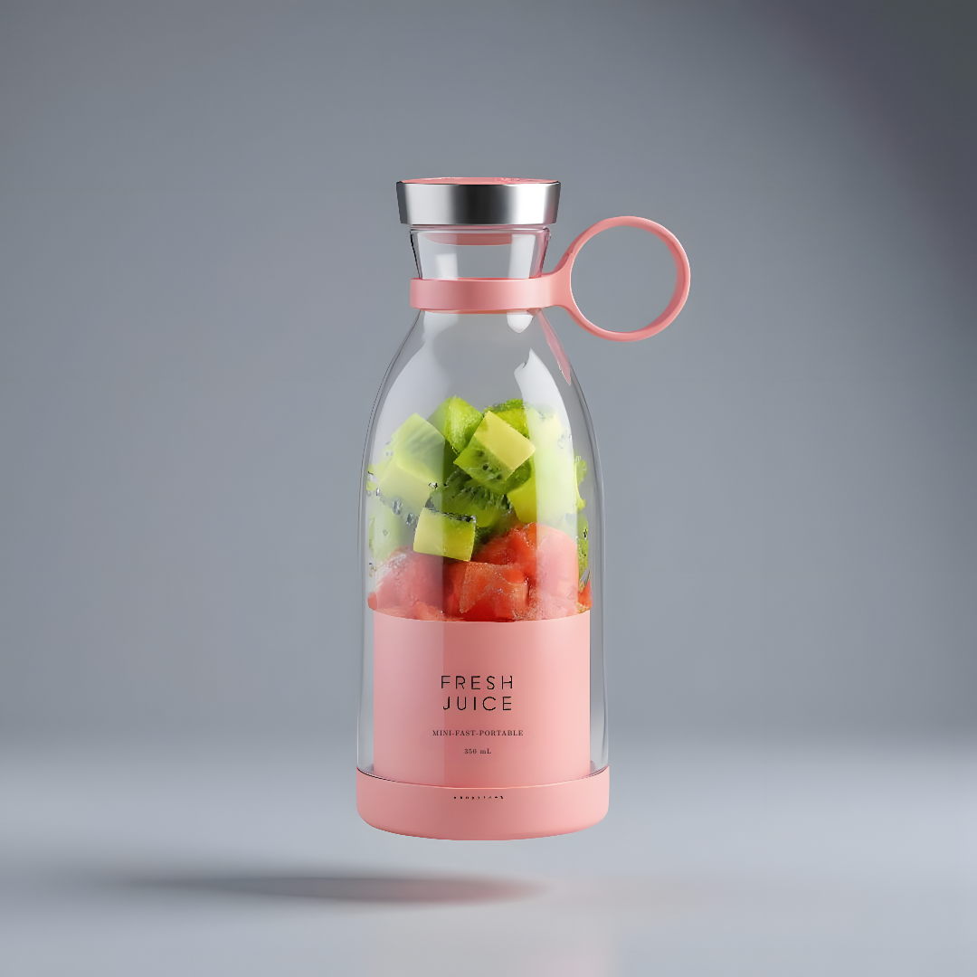 Stylische tragbare Saftflasche in Rosa mit Edelstahl-Deckel, gefüllt mit frischen Kiwi- und Wassermelonenstücken – 300 ml Fresh Juice Flasche für unterwegs