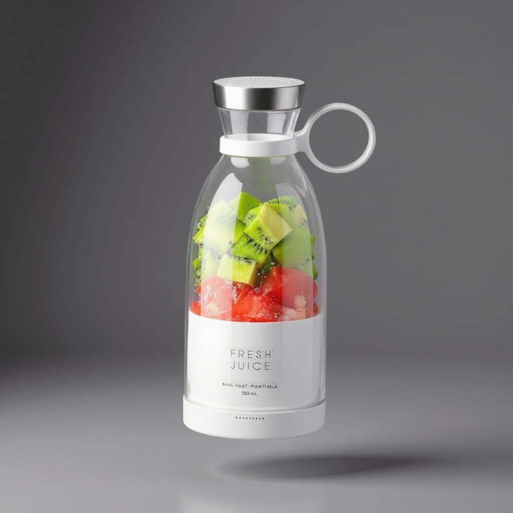 Elegante tragbare Fresh Juice Flasche in Weiß mit Edelstahl-Deckel, gefüllt mit frischen Kiwi- und Wassermelonenstücken – 350-ml-Mixerflasche für Smoothies und Säfte unterwegs