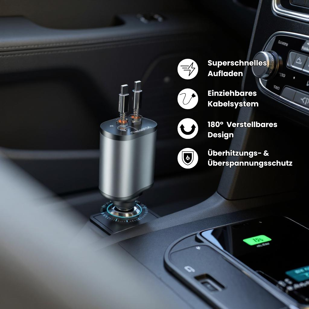 Moderner Auto-Ladeadapter mit zwei ausziehbaren Kabeln, 180° verstellbarem Design und integriertem Überhitzungs- sowie Überspannungsschutz, im Zigarettenanzünder-Anschluss eines Fahrzeugs installiert