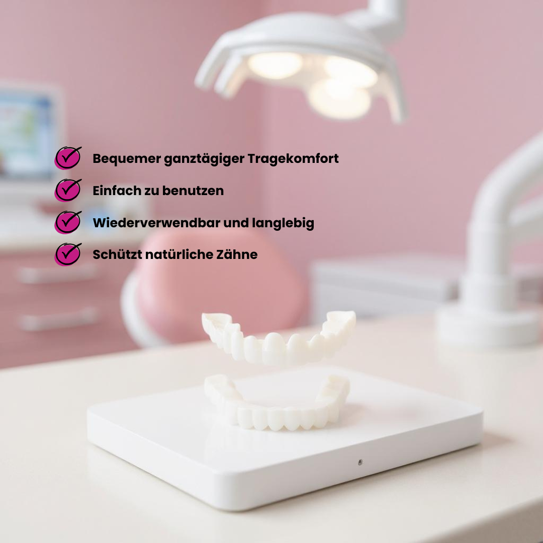 Ein Paar weißer künstlicher Zahnprothesen für Ober- und Unterkiefer, schwebend vor rosa Hintergrund
