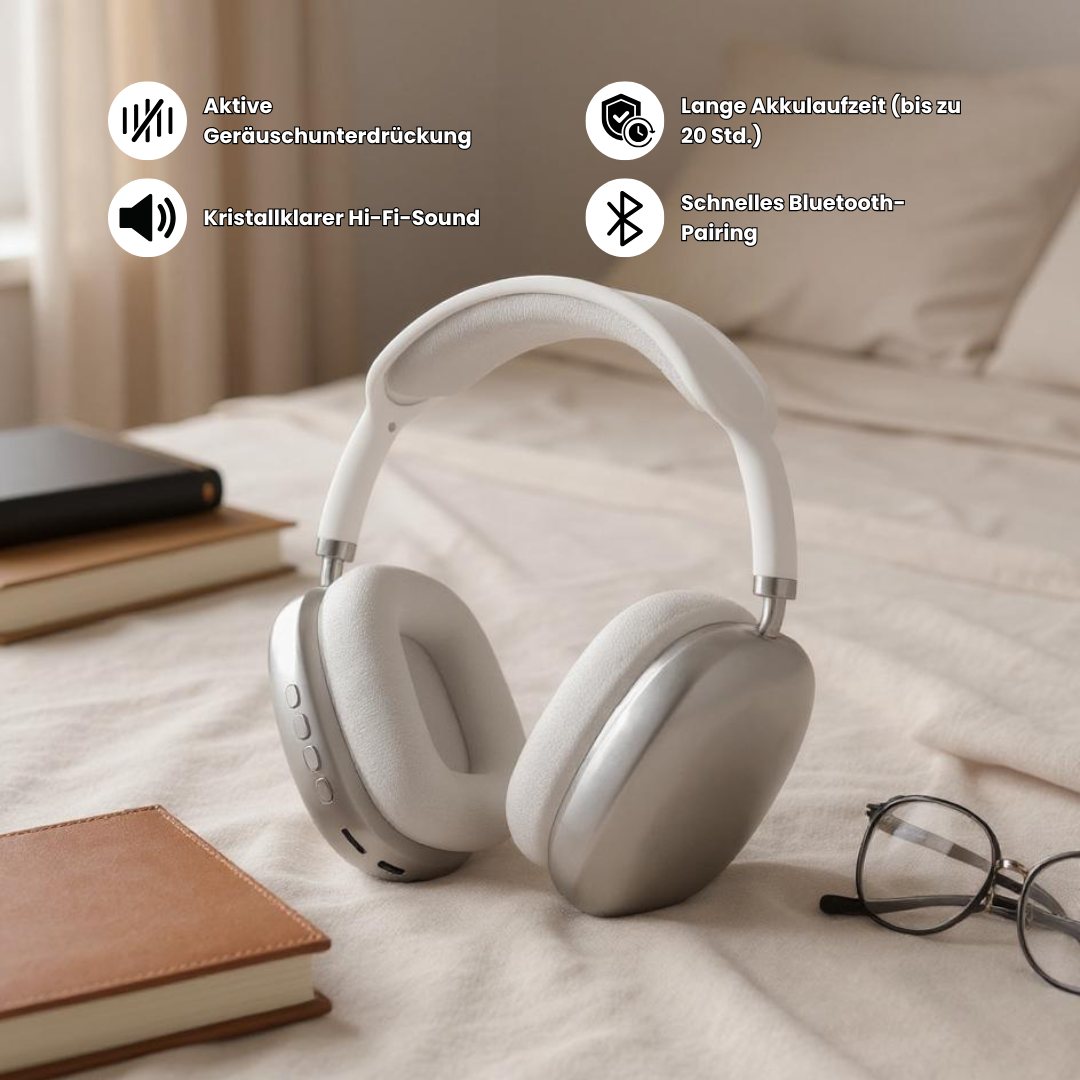 Stylische Over-Ear Bluetooth-Kopfhörer in mattem Dunkelblau mit gepolsterten Ohrmuscheln und verstellbarem Kopfbügel für komfortablen Sitz und immersiven Sound