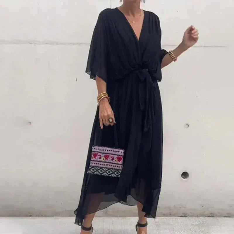 Schwarzes Maxikleid für Damen – elegantes Sommerkleid mit V-Ausschnitt, Bindegürtel und Boho-Stickerei, luftiges Freizeit- und Strandkleid