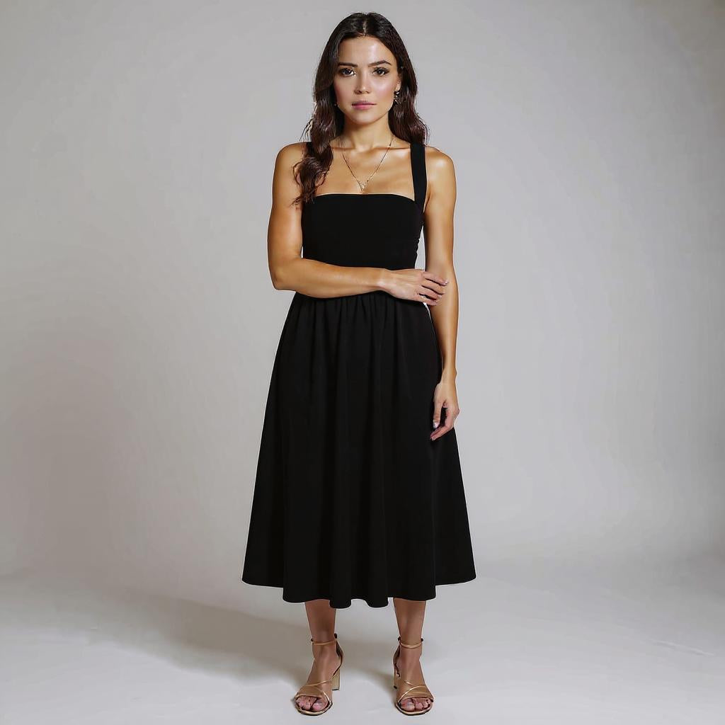 Frau trägt elegantes rotes Midikleid mit Smok-Oberteil, breiten Trägern und A-Linien-Rock, kombiniert mit beigen Sandaletten – Sommerkleid für Damen