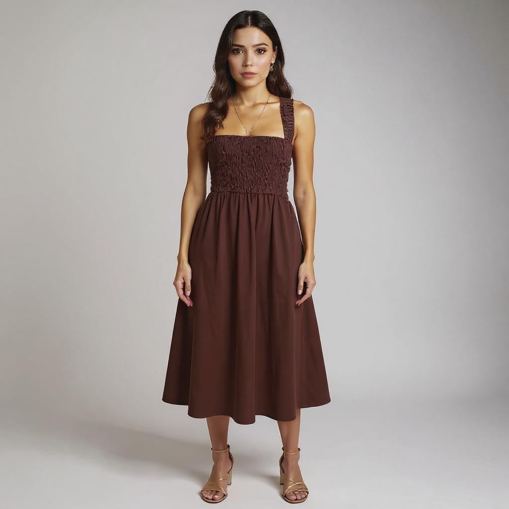 Frau trägt elegantes rotes Midikleid mit Smok-Oberteil, breiten Trägern und A-Linien-Rock, kombiniert mit beigen Sandaletten – Sommerkleid für Damen