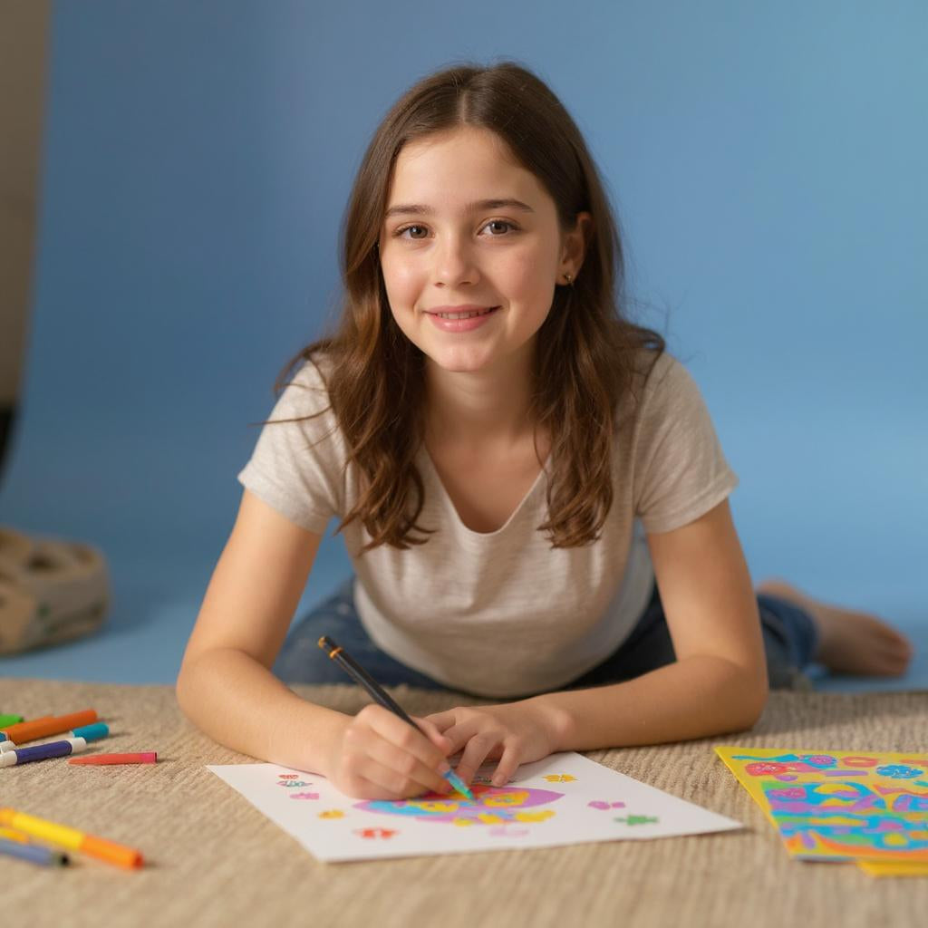 Bunte Spielbox mit Katzenmotiven auf blau-rosa Hintergrund. Das Set ist ein kreatives Bastel- und Malspiel für Kinder, bei dem Farben gemischt und Formen gestaltet werden können.