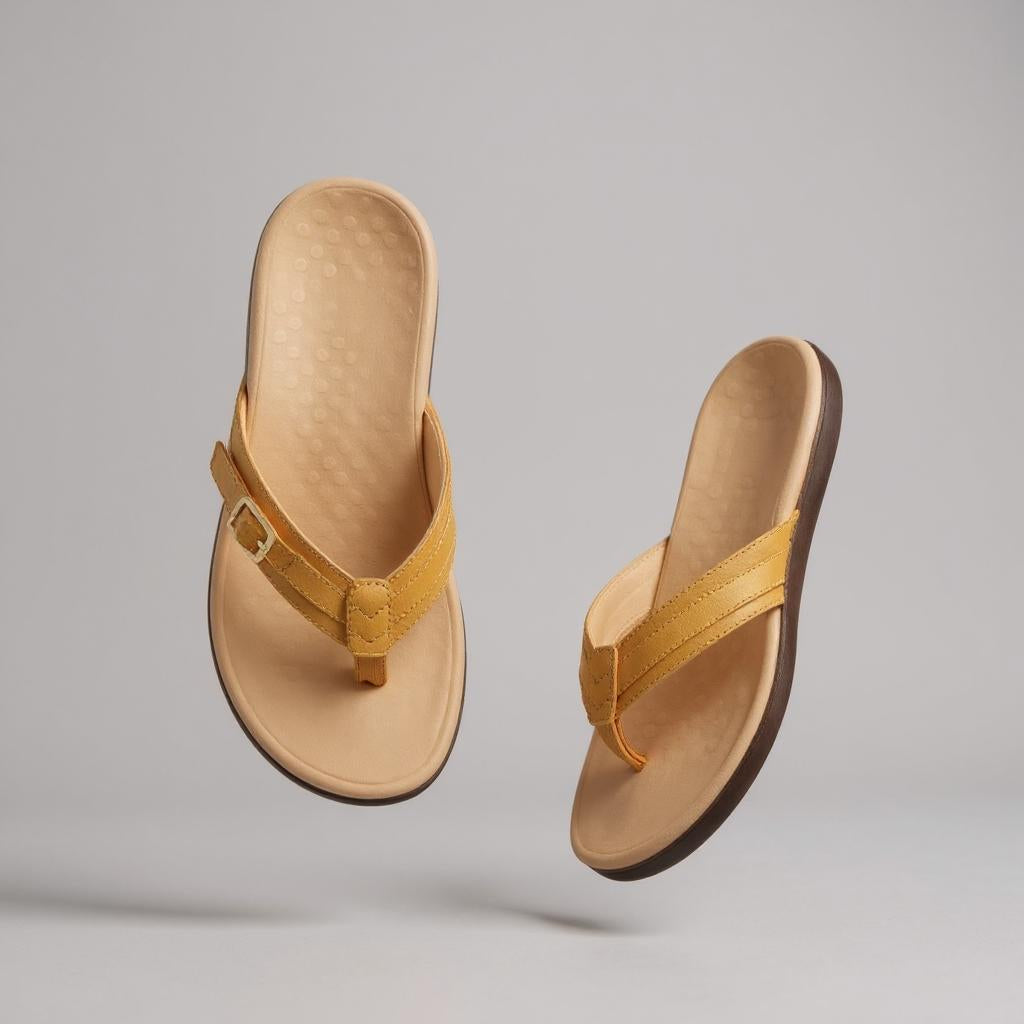 Ein Paar rosafarbene Zehensandalen mit Schnalle, beigefarbenem Fußbett und brauner Sohle, schwebend vor grauem Hintergrund.