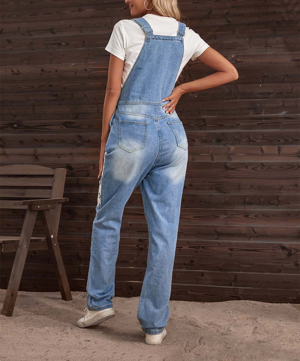 Graue Damen-Latzhose aus Jeans mit buntem Blumenmuster, lässiger Sommerlook im Vintage-Stil