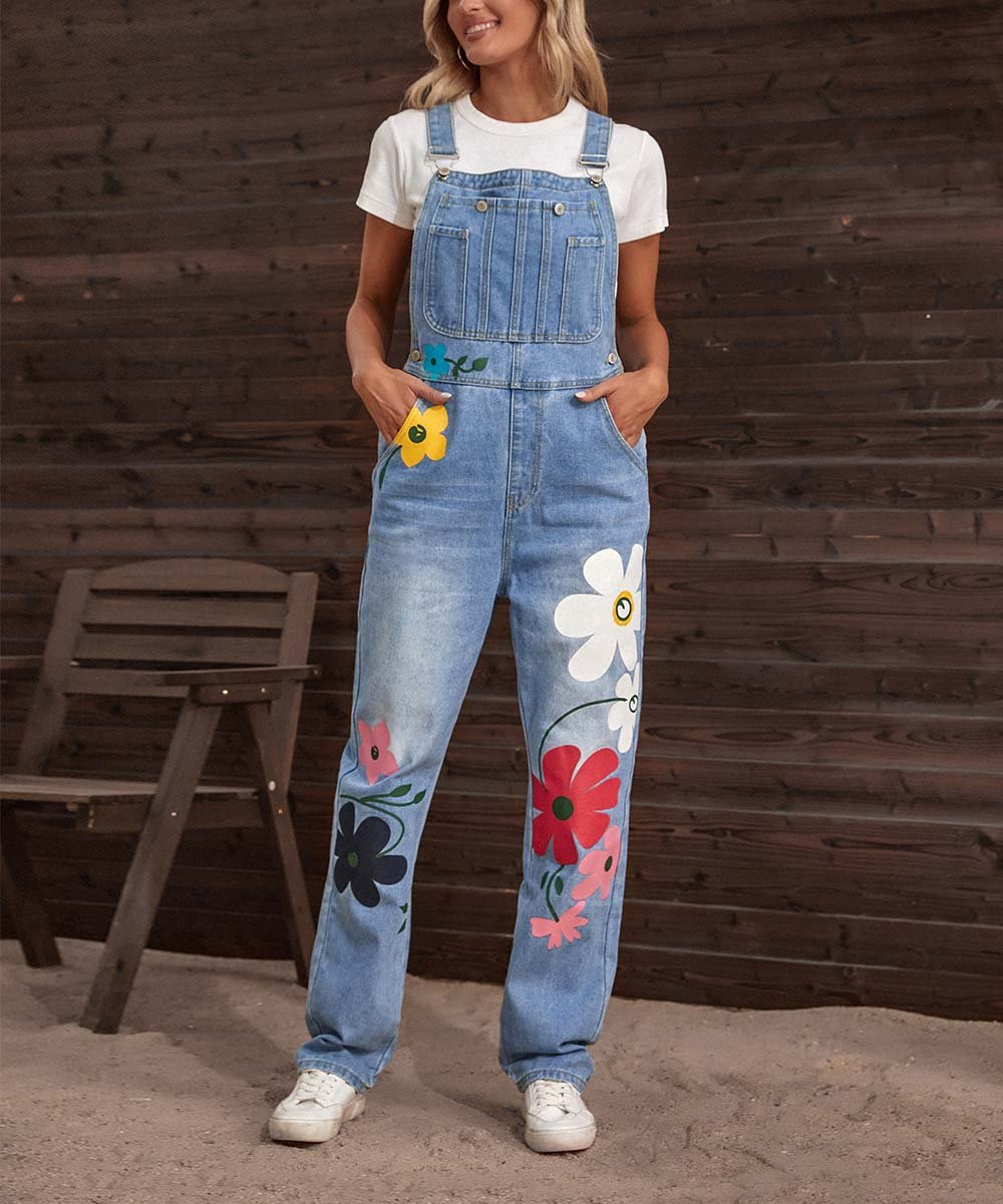 Graue Damen-Latzhose aus Jeans mit buntem Blumenmuster, lässiger Sommerlook im Vintage-Stil