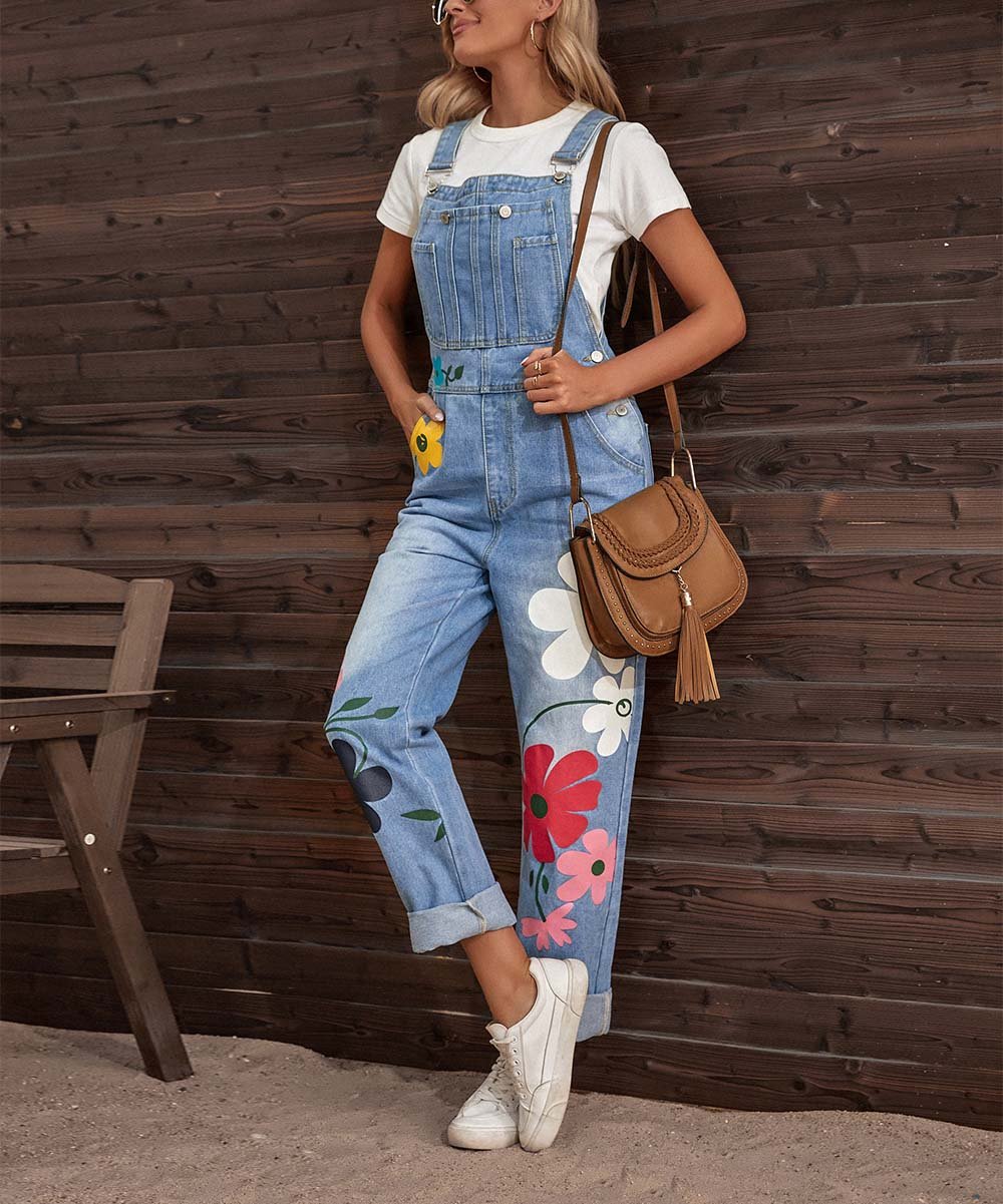 Graue Damen-Latzhose aus Jeans mit buntem Blumenmuster, lässiger Sommerlook im Vintage-Stil