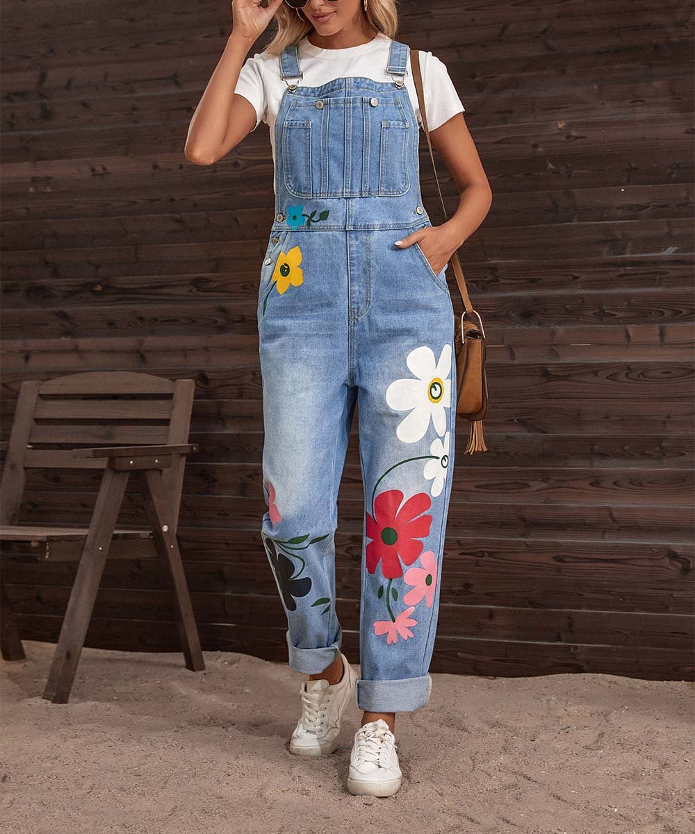 Graue Damen-Latzhose aus Jeans mit buntem Blumenmuster, lässiger Sommerlook im Vintage-Stil