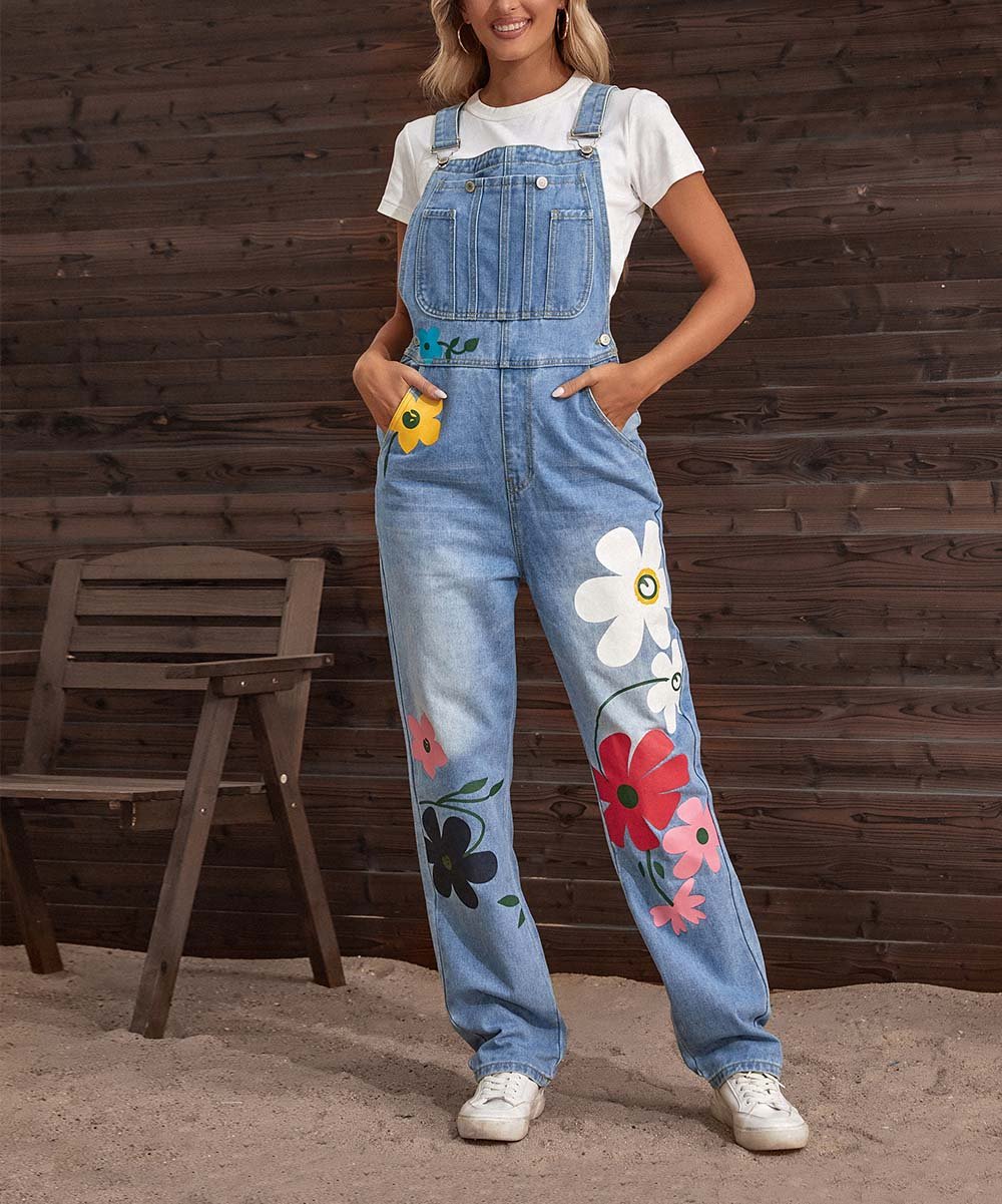 Graue Damen-Latzhose aus Jeans mit buntem Blumenmuster, lässiger Sommerlook im Vintage-Stil