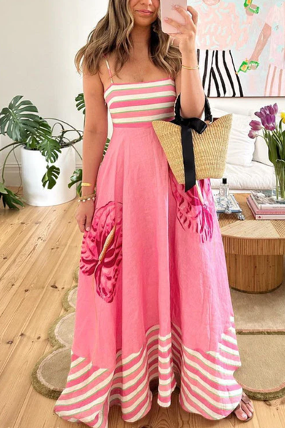 50% RABATT | Bloomari™ | Rückenfreies Streifen-Blumen Maxi Trägerkleid