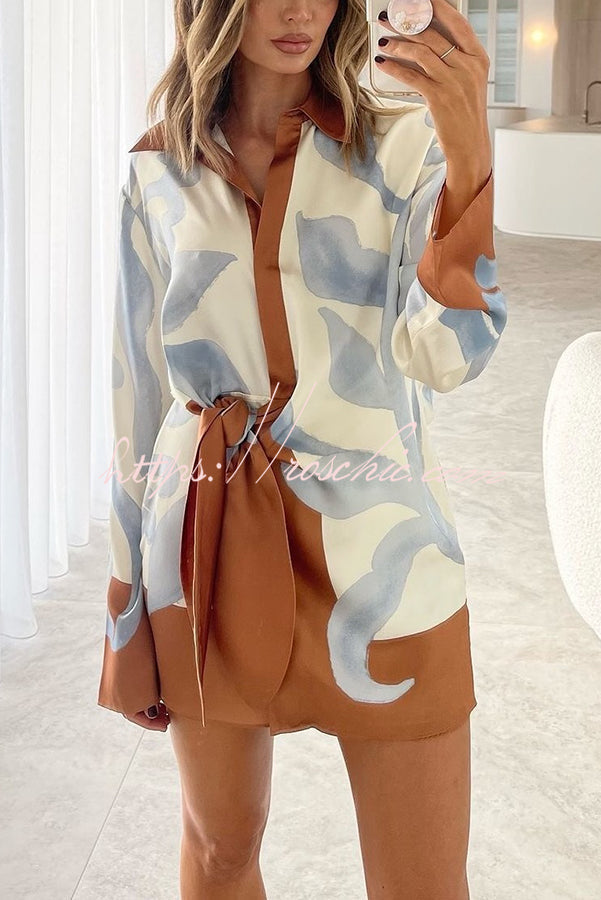 50% RABATT | Floravida™ | Lake Days Satin Colorblock Print Hemdkleid