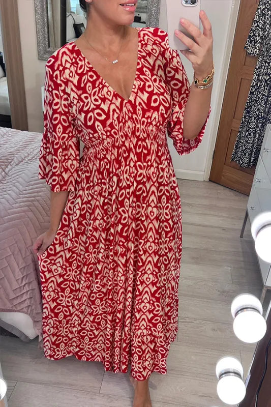 Damen Maxikleid rot mit weißem Muster, lockeres Sommerkleid mit V-Ausschnitt und 3/4 Ärmeln, elegantes Freizeitkleid für Urlaub und Alltag