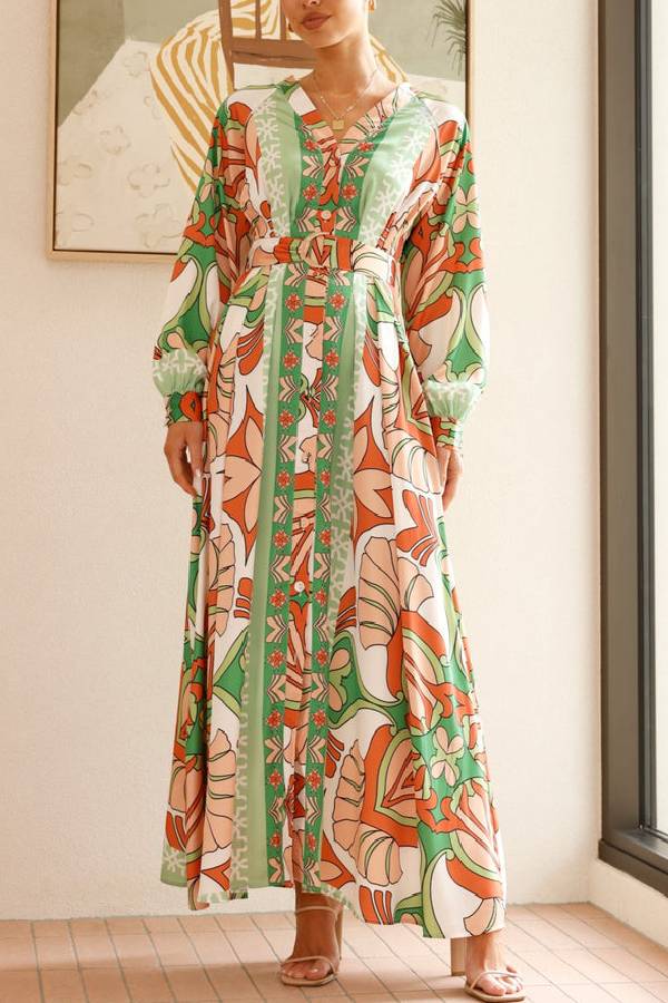 Solmira™ | Herbst Maxi Kleid Orange/Grün