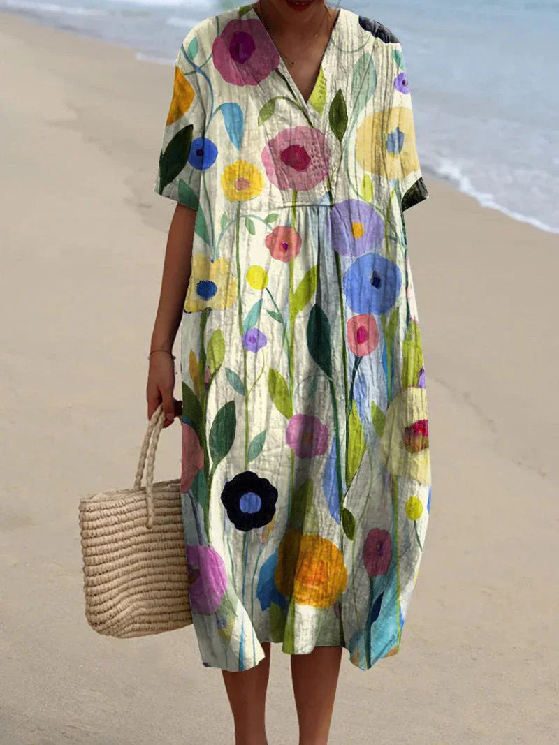 Sommerkleid Damen mit buntem Blumendruck, lockeres Midikleid mit kurzen Ärmeln und V-Ausschnitt, Strandkleid für Urlaub und Freizeit