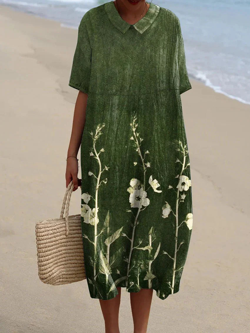 Sommerkleid Damen mit buntem Blumendruck, lockeres Midikleid mit kurzen Ärmeln und V-Ausschnitt, Strandkleid für Urlaub und Freizeit