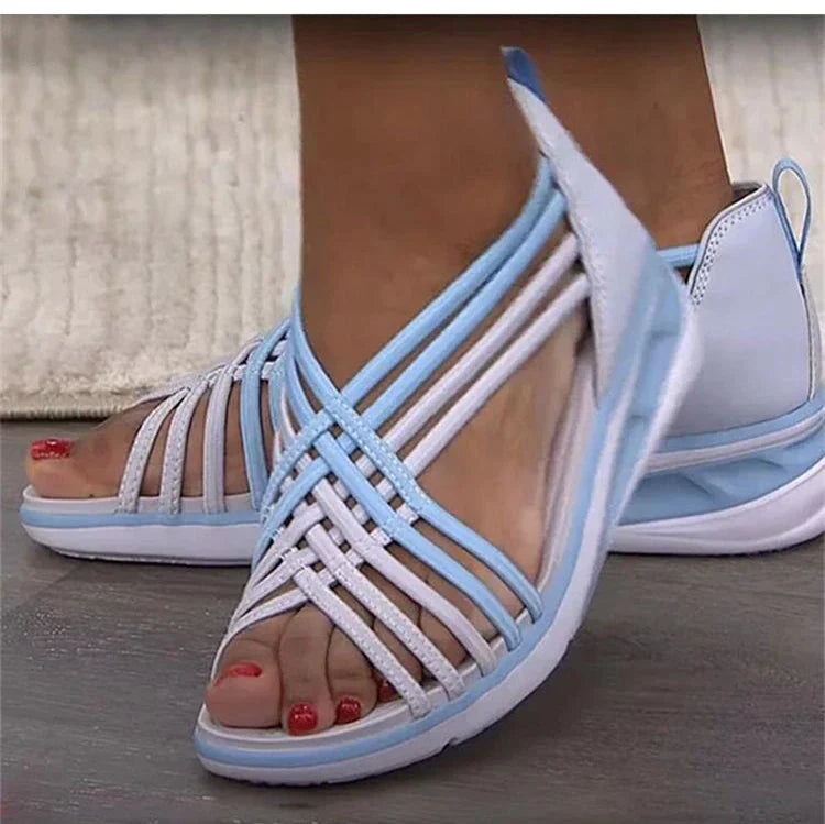 Bequeme schwarze Damensandalen mit elastischen Riemen und Keilabsatz – modische Sommerschuhe für Alltag und Freizeit