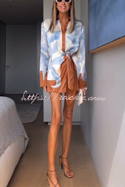 50% RABATT | Floravida™ | Lake Days Satin Colorblock Print Hemdkleid