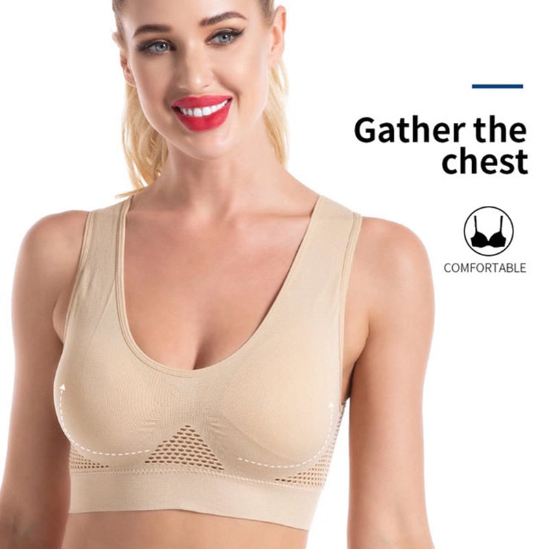 Nahtloser Push Up BH ohne Bügel in Beige, bequemer Sport BH mit elastischem Saum, atmungsaktivem Netzdesign und breiten Schulterträgern für Damen